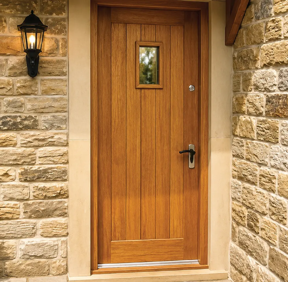 Solid oak cottage front door with a vision panel, set in a dressed stone surround