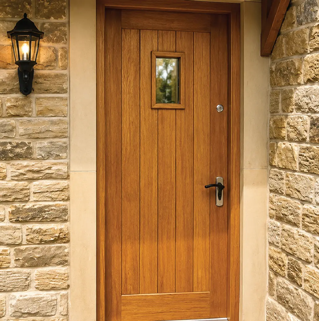 Oak cottage-style front door with a vision panel and a wall lantern
