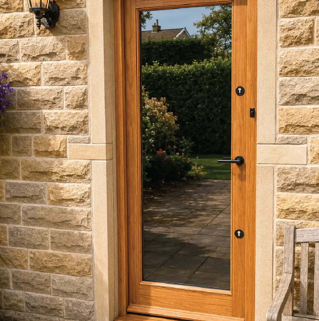 Fully glazed oak back door looking out onto a stone-flagged path