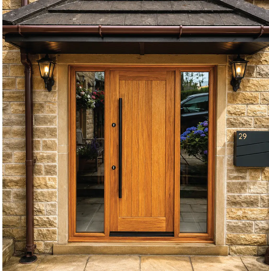 Oak entrance door with a long black pull handle, sidelights and a stone canopy