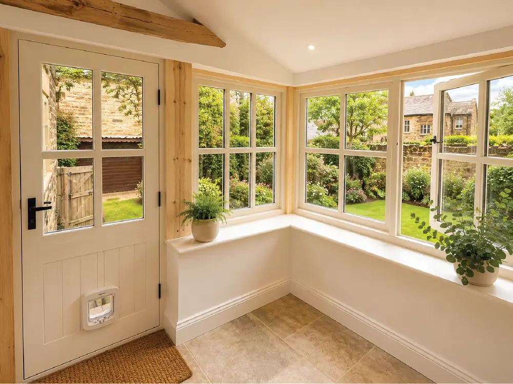 Painted stable door and a bay window seat under an exposed oak beam