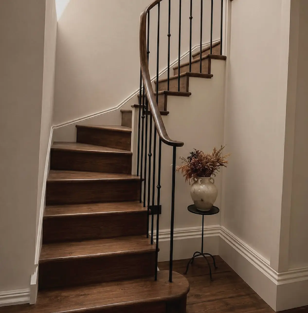 Timber staircase with a moulded handrail and a curtail step in a panelled hall